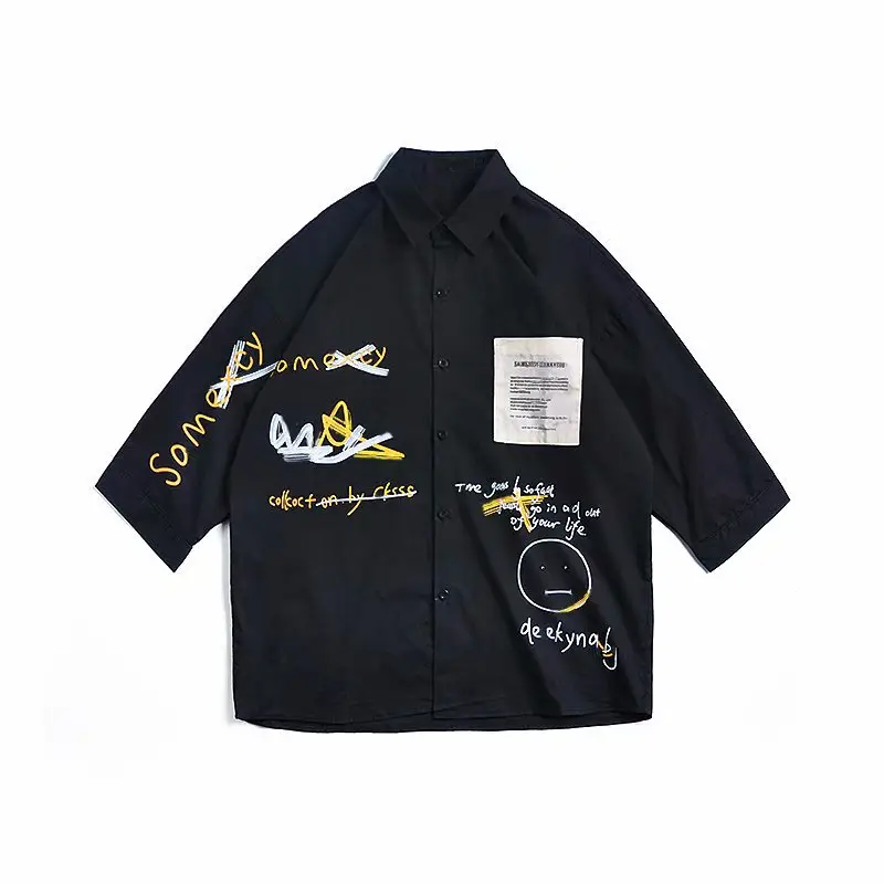 Japanese Style Black Shirt with Korean Print & Seven Sleeve