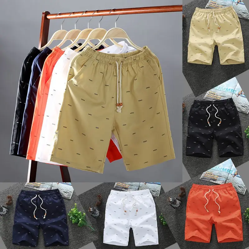 Men Summer Printed Cotton Shorts Beige Casual