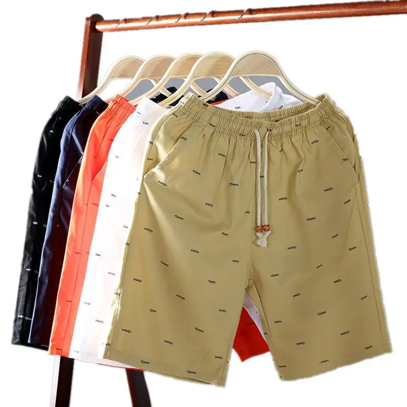 Men Summer Printed Cotton Shorts Beige Casual