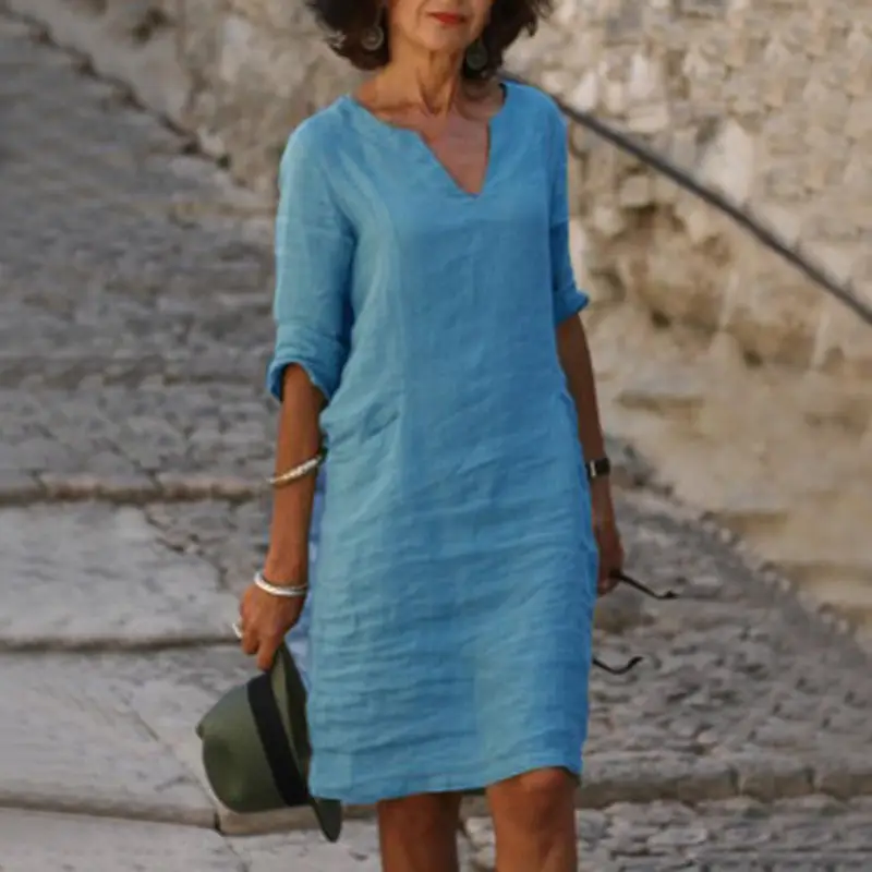 Women's V-Neck Cotton Dress Navy Blue 3/4 Sleeve - Image 34