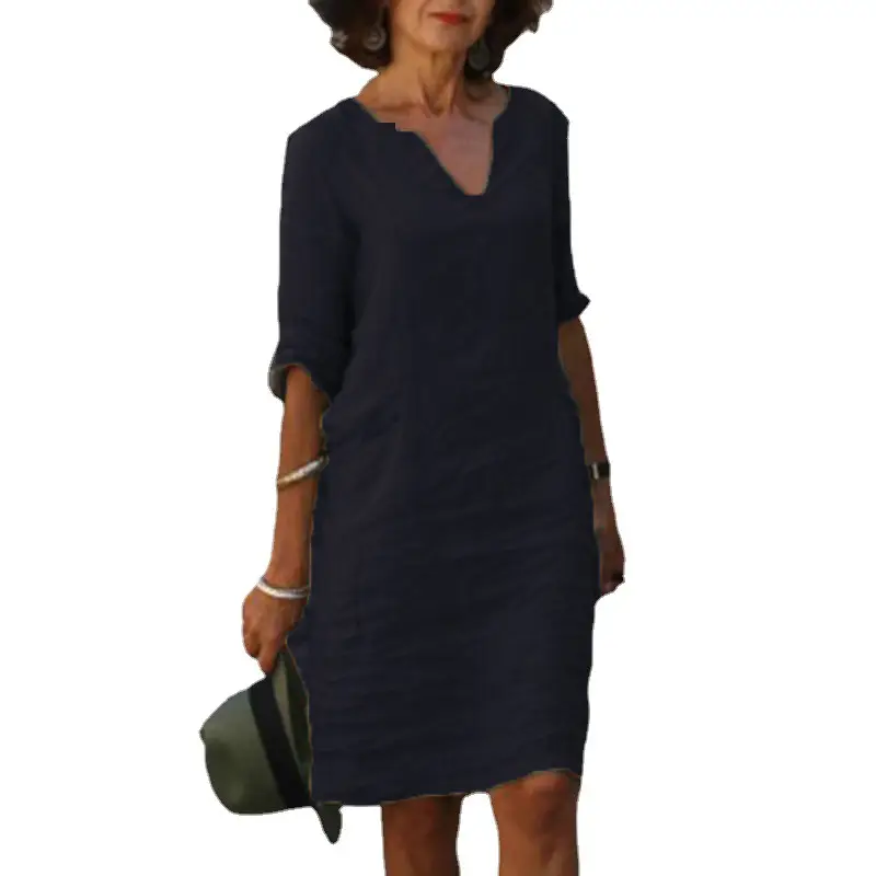 Women's V-Neck Cotton Dress Navy Blue 3/4 Sleeve - Image 35