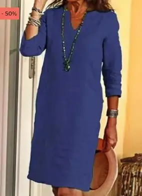 Women's V-Neck Cotton Dress Navy Blue 3/4 Sleeve - Image 18