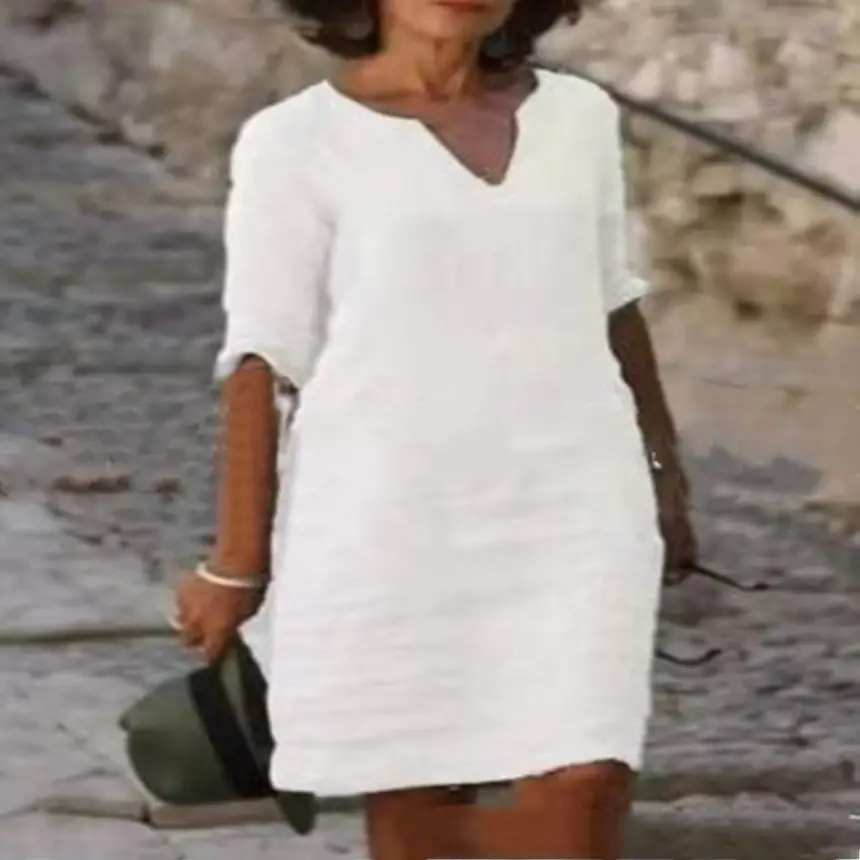 Women's V-Neck Cotton Dress Navy Blue 3/4 Sleeve - Image 6
