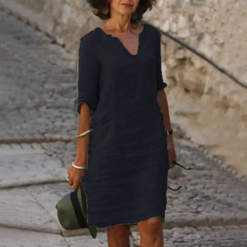 Women's V-Neck Cotton Dress Navy Blue 3/4 Sleeve - Image 7