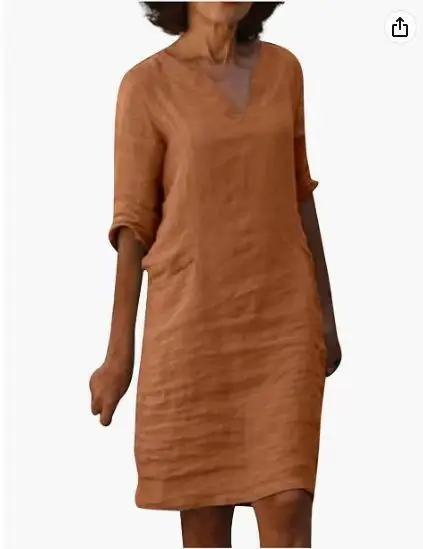 Women's V-Neck Cotton Dress Navy Blue 3/4 Sleeve - Image 25