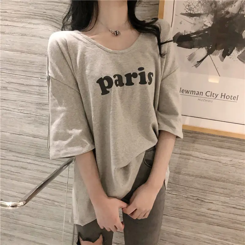 Women 2025 Summer Korean Style Half Sleeve T-Shirt Grey - Image 4