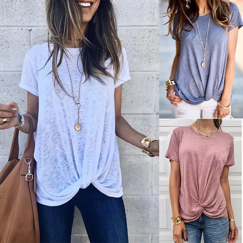 Women Pink Knotted T-Shirt Round Neck 35 Cotton - Image 5