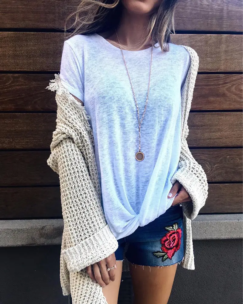Women Pink Knotted T-Shirt Round Neck 35 Cotton - Image 6