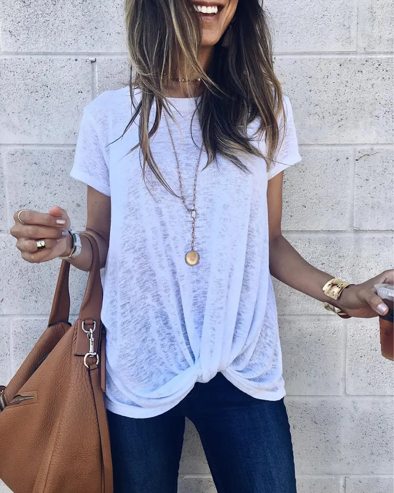 Women Pink Knotted T-Shirt Round Neck 35 Cotton - Image 7