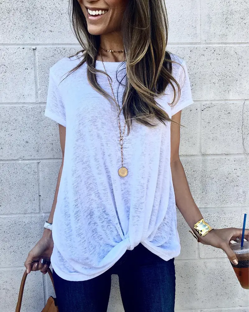 Women Pink Knotted T-Shirt Round Neck 35 Cotton - Image 2
