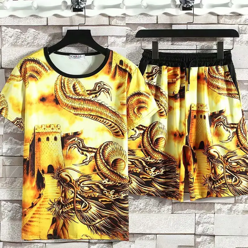 Men's Dragon Print Summer Suit Yellow Black Shorts
