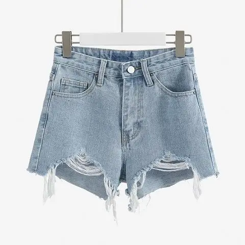 Women's Light Blue Ripped Denim Shorts High Waist - Image 5
