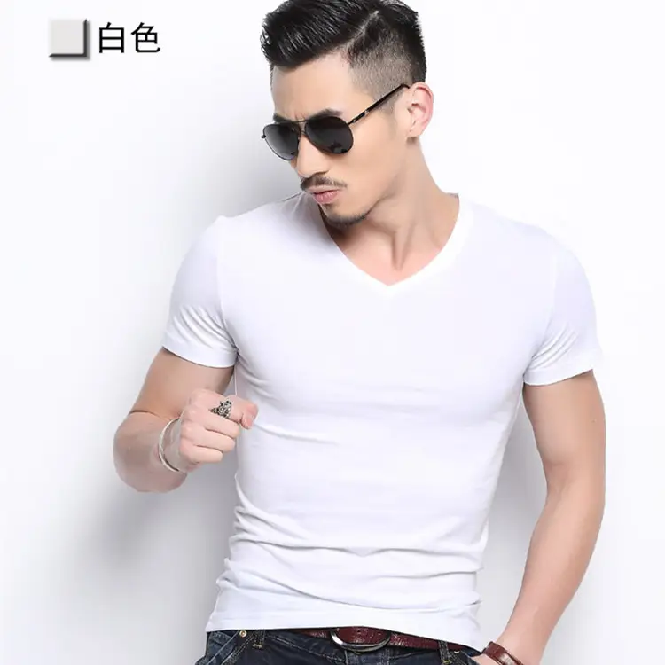 Men White Short Sleeve V-Neck T-Shirt 2020 - Image 7