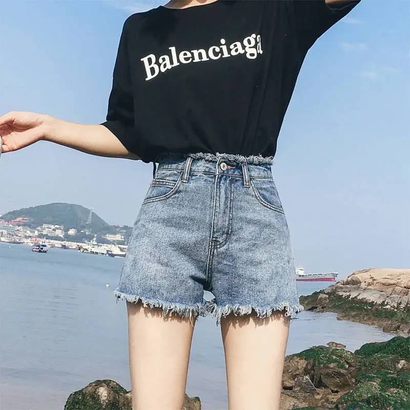 Women's White Frayed Denim Shorts High Waist 2020 - Image 5