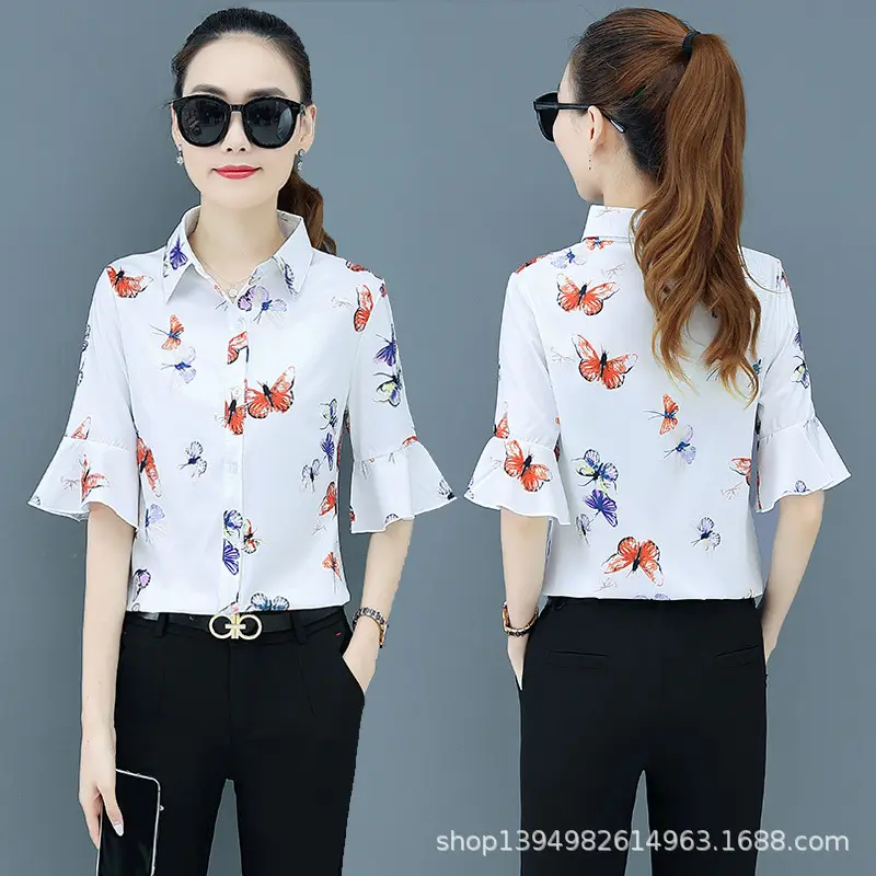 Women Printed Flared Sleeve Shirt White 2024 Summer - Image 3