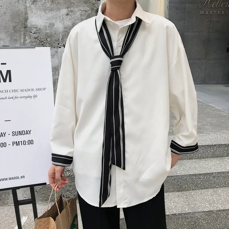 Men's White Loose Tie Shirt with Black Trim