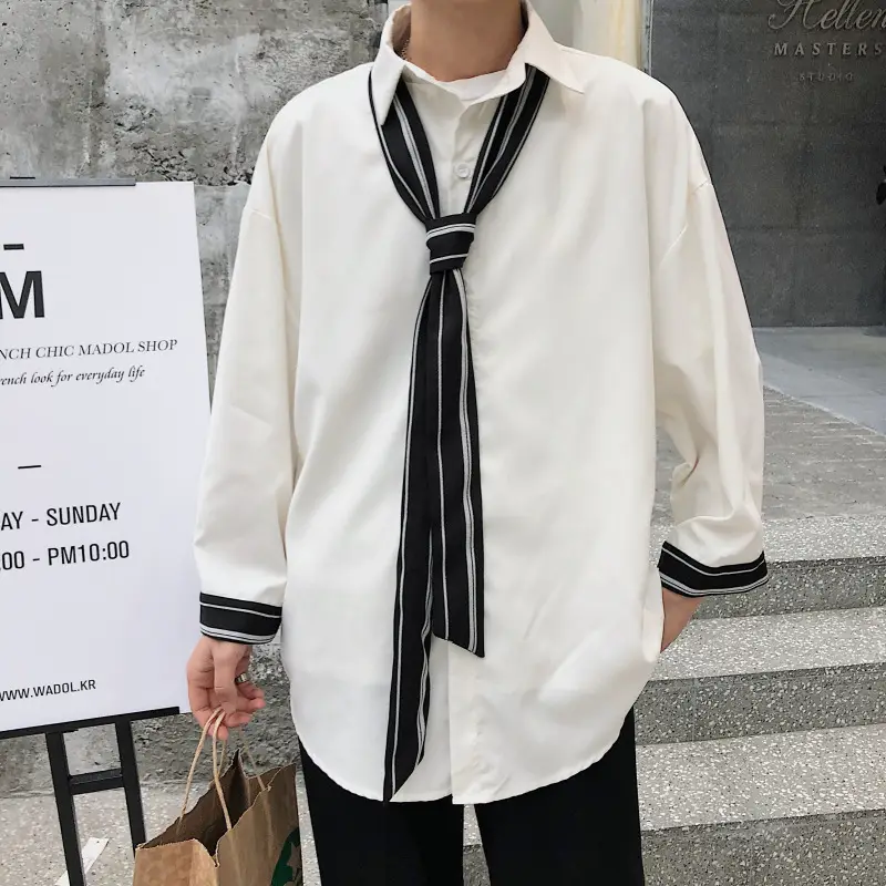 Men's White Loose Tie Shirt with Black Trim