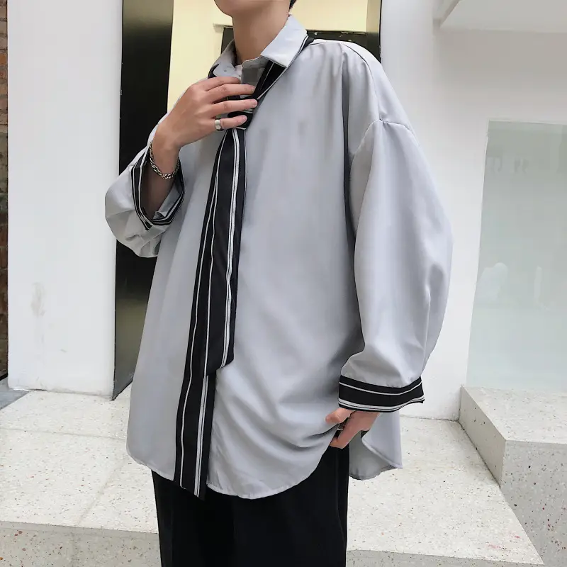 Men's White Loose Tie Shirt with Black Trim