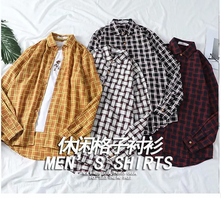 Men Long Sleeve Vintage Hawaiian Shirt Yellow Black Check - Image 5