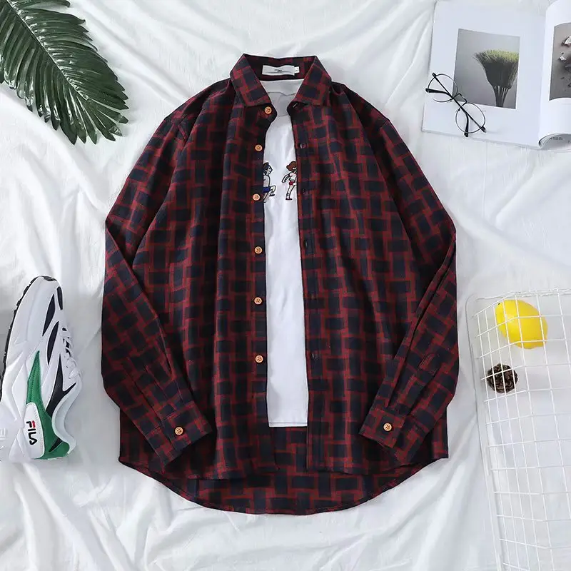 Men Long Sleeve Vintage Hawaiian Shirt Yellow Black Check - Image 3