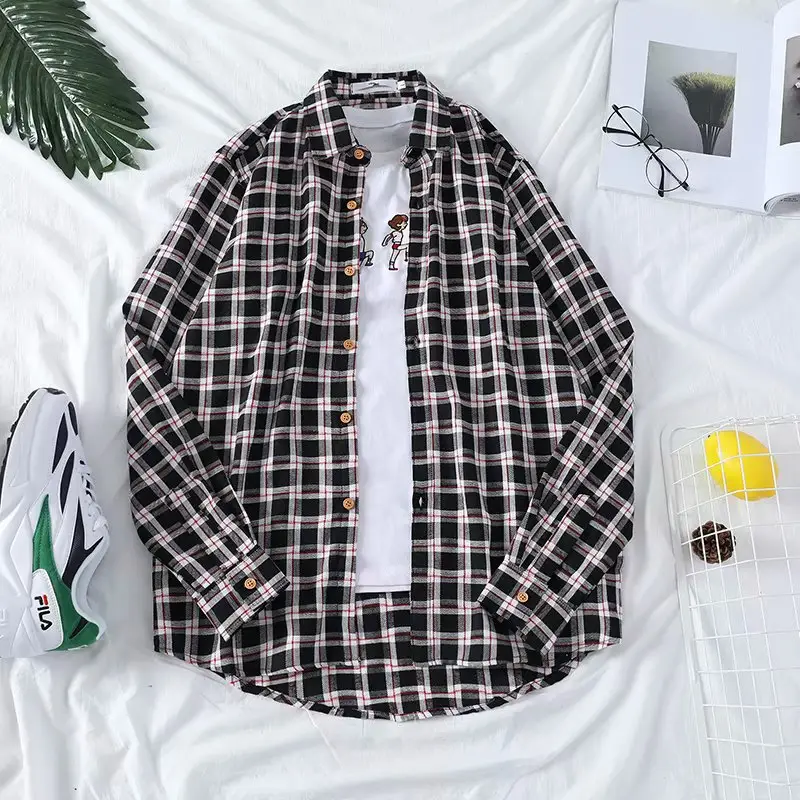 Men Long Sleeve Vintage Hawaiian Shirt Yellow Black Check - Image 2