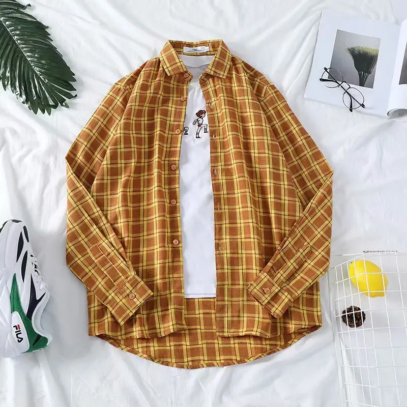 Men Long Sleeve Vintage Hawaiian Shirt Yellow Black Check - Image 4