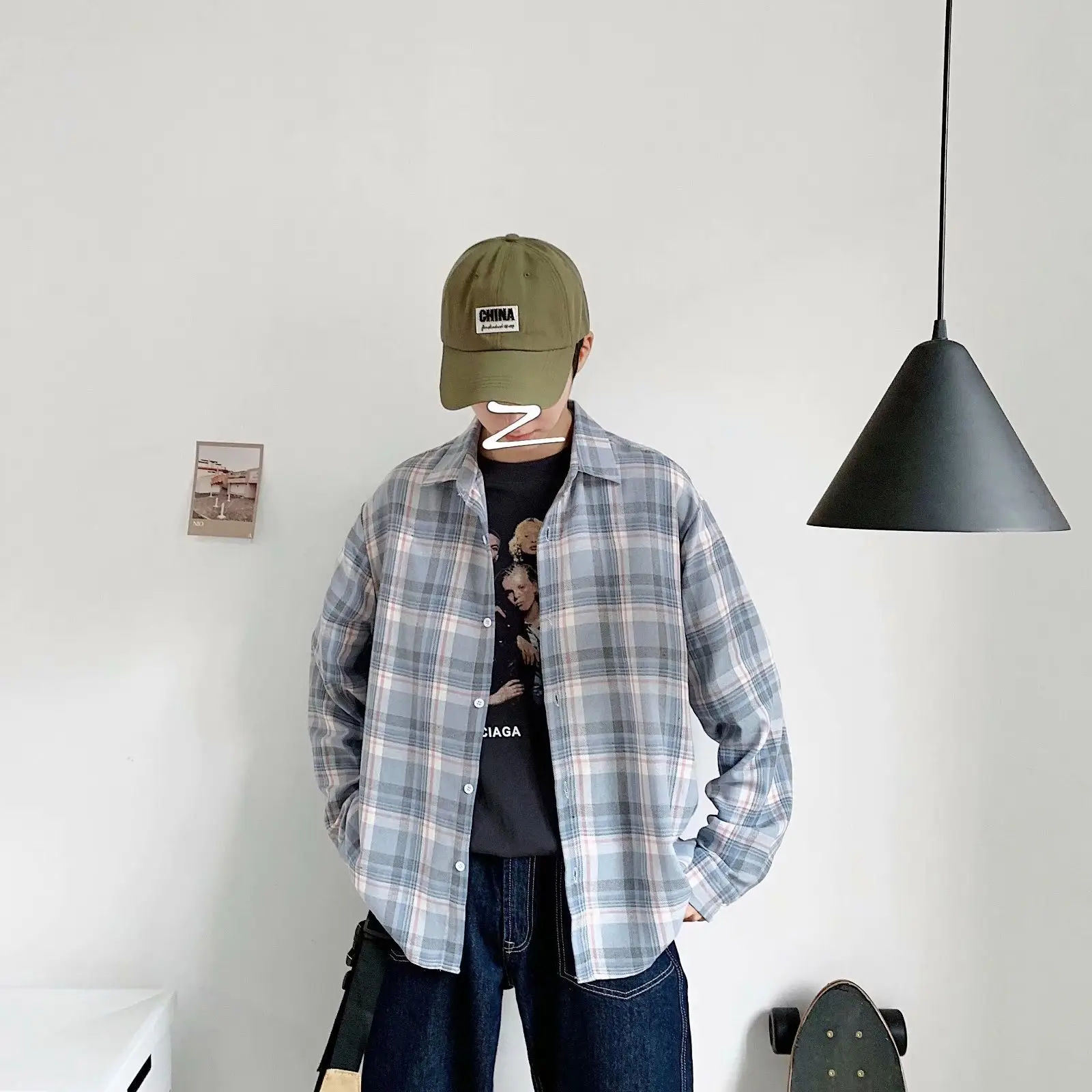 Men's Plaid Long Sleeve Shirt Blue Gray Casual Wear - Image 2