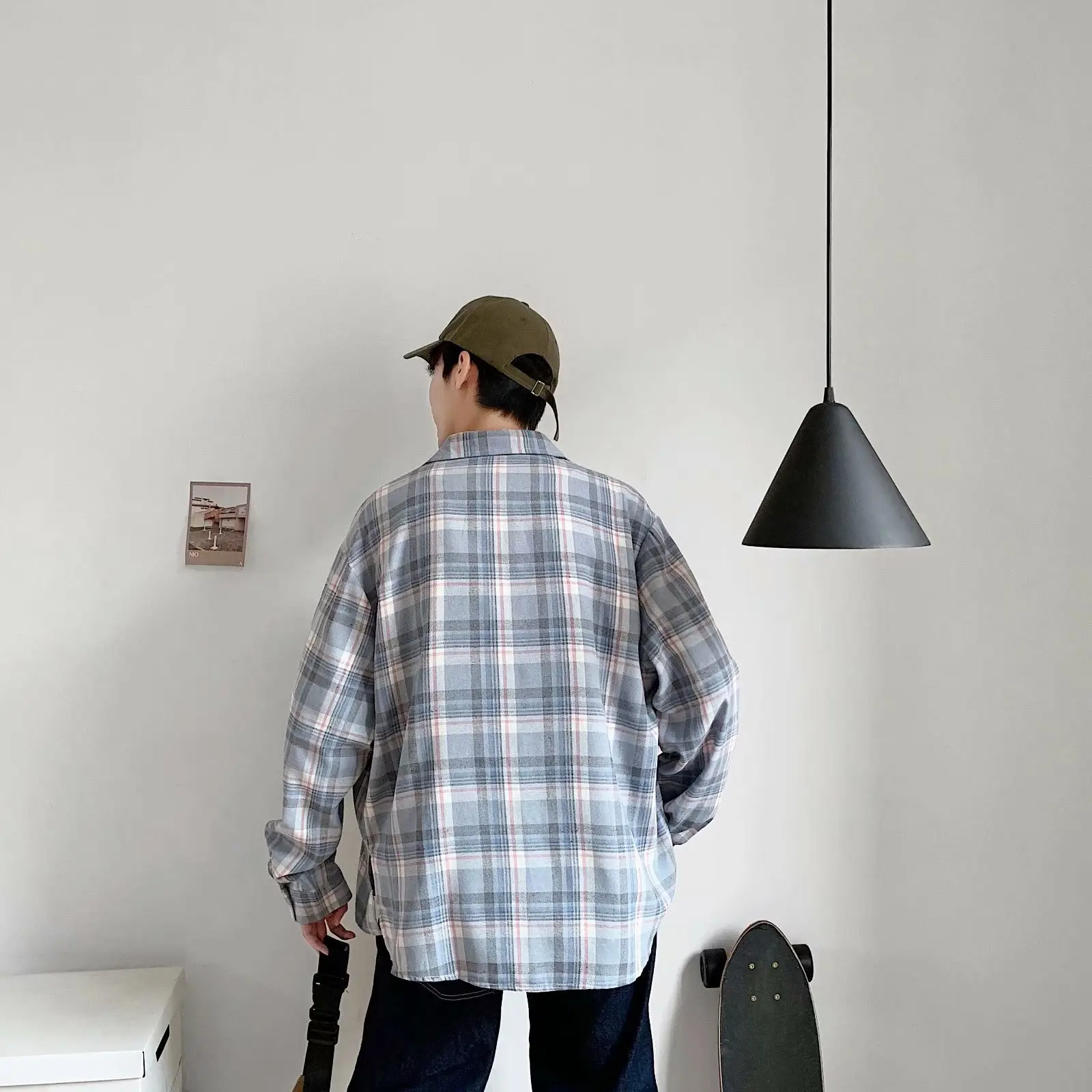 Men's Plaid Long Sleeve Shirt Blue Gray Casual Wear - Image 5