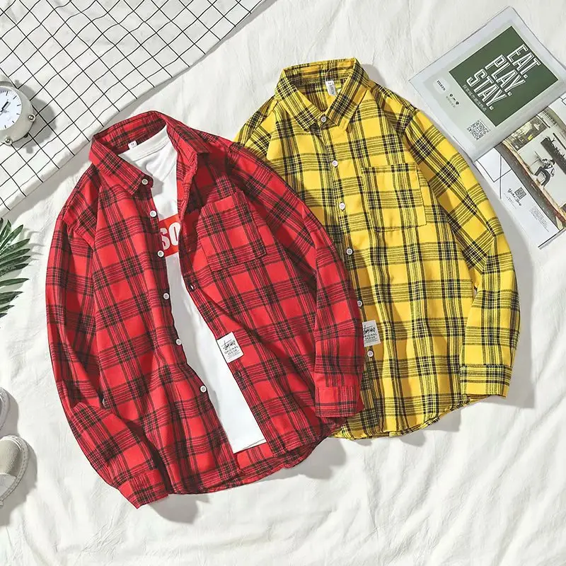 Men's Yellow Plaid Long Sleeve Shirt Korean Style - Image 4