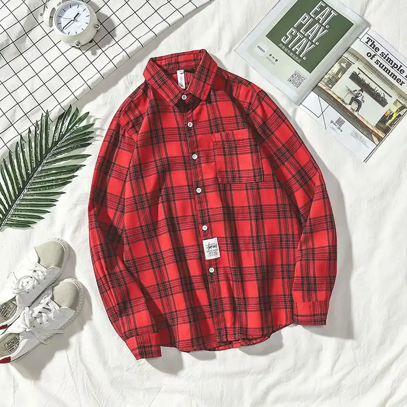 Men's Yellow Plaid Long Sleeve Shirt Korean Style - Image 5