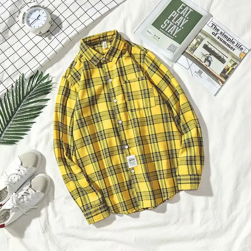 Men's Yellow Plaid Long Sleeve Shirt Korean Style - Image 6