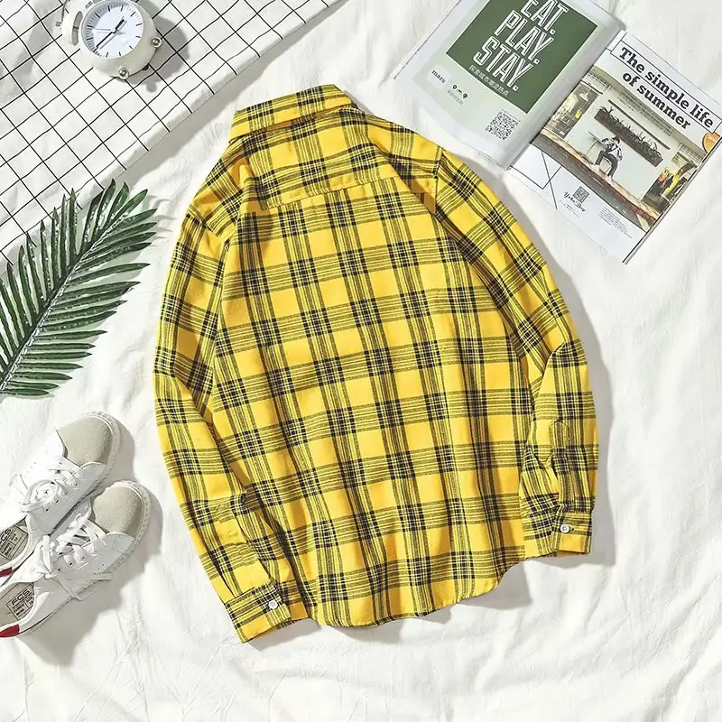 Men's Yellow Plaid Long Sleeve Shirt Korean Style - Image 7