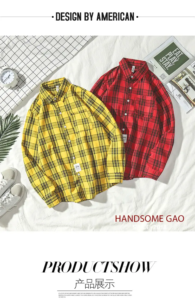 Men's Yellow Plaid Long Sleeve Shirt Korean Style — feature 1