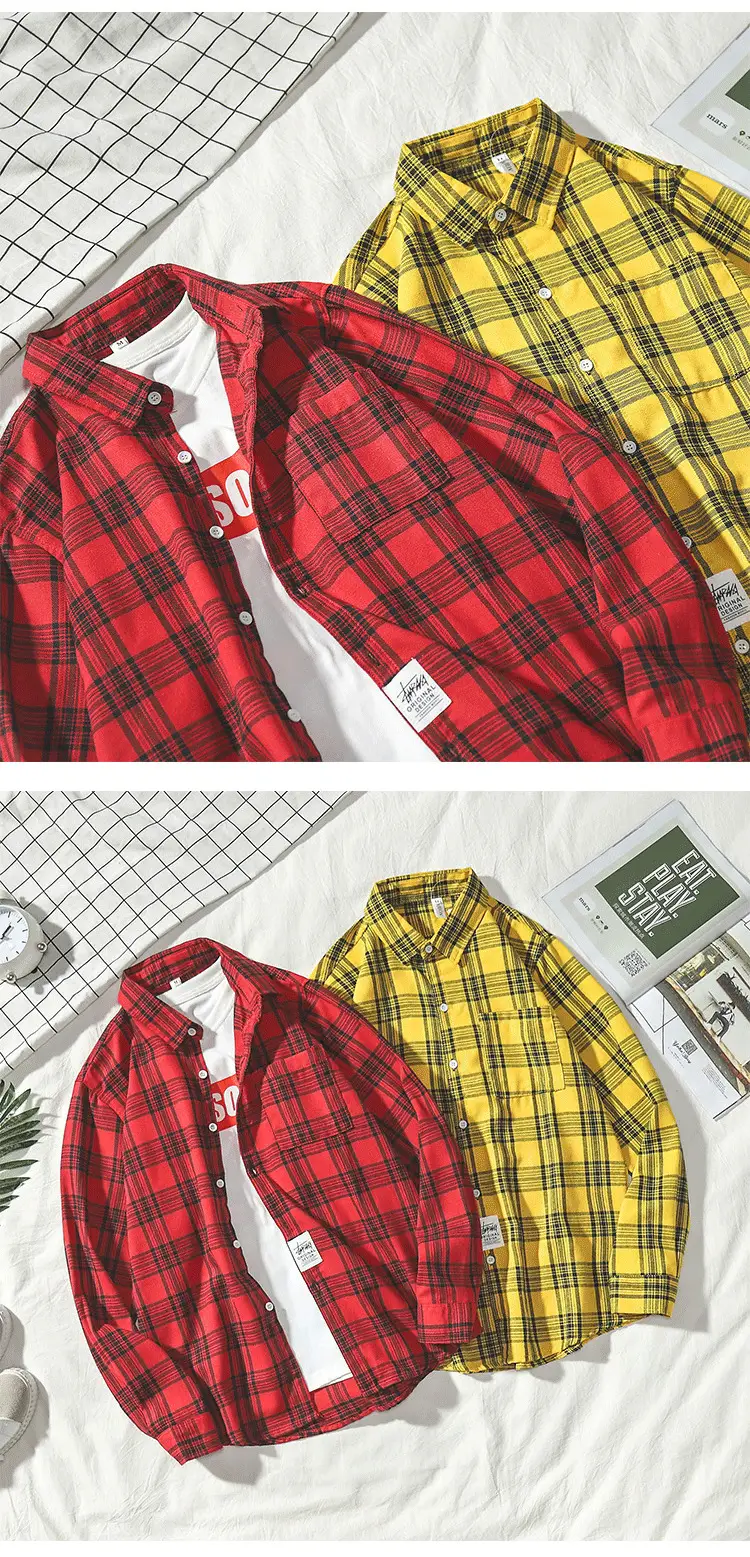 Men's Yellow Plaid Long Sleeve Shirt Korean Style — feature 2