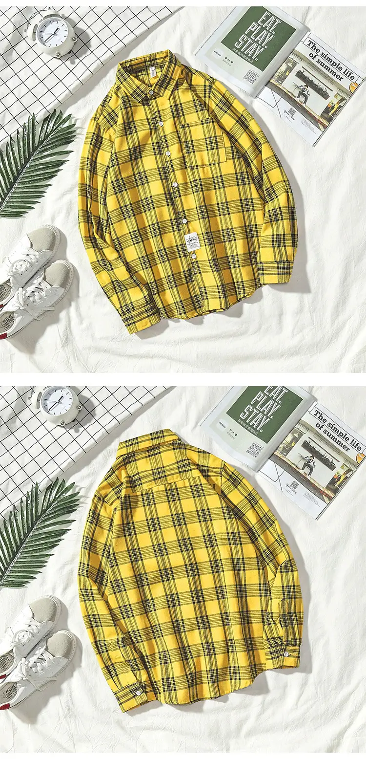 Men's Yellow Plaid Long Sleeve Shirt Korean Style — feature 3