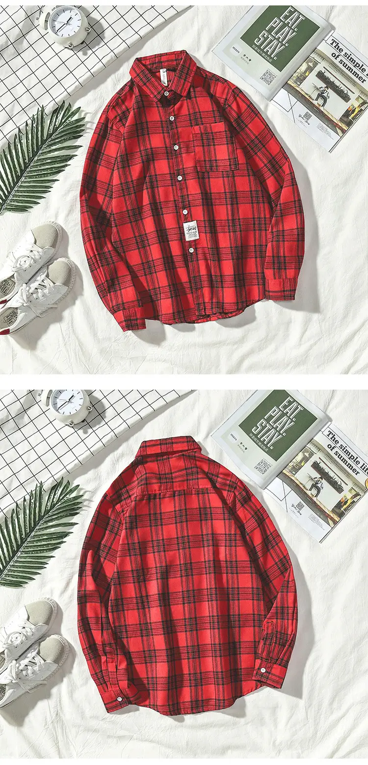 Men's Yellow Plaid Long Sleeve Shirt Korean Style — feature 4