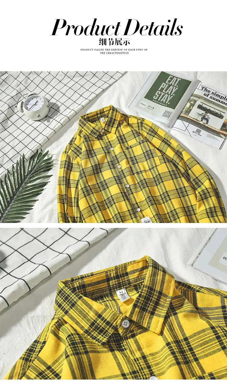 Men's Yellow Plaid Long Sleeve Shirt Korean Style — feature 5