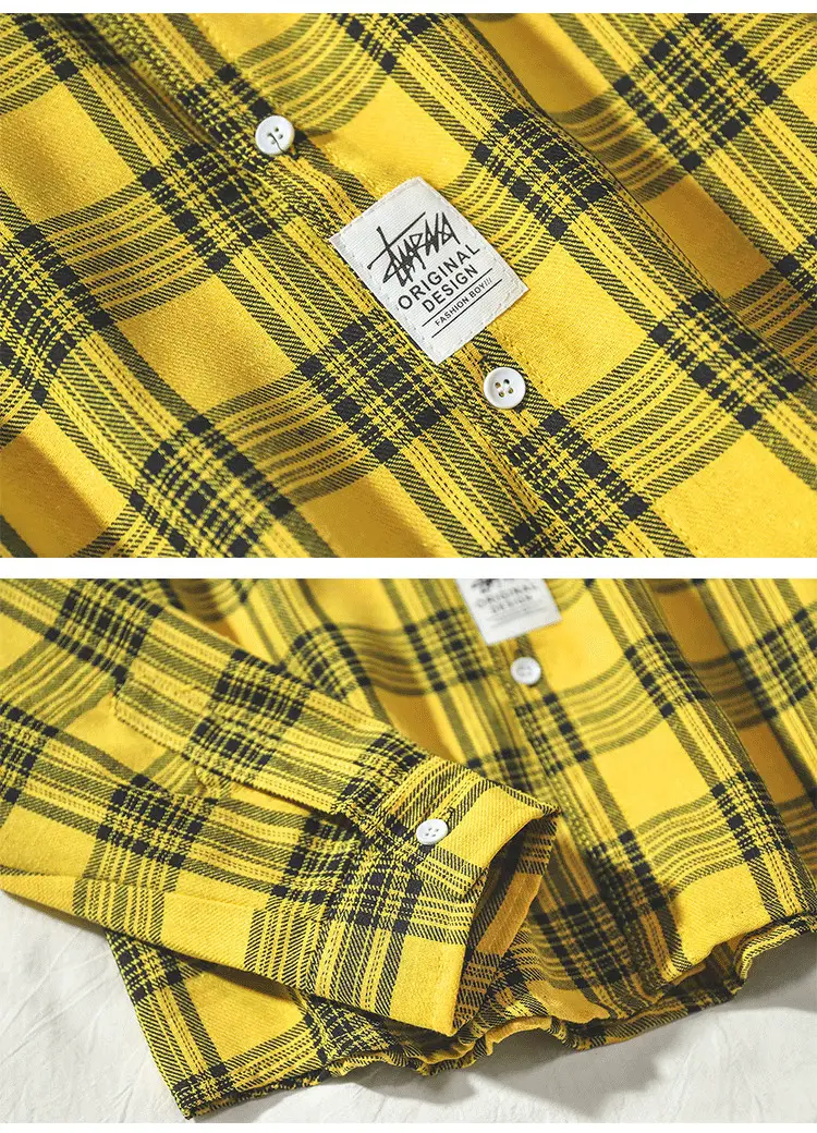 Men's Yellow Plaid Long Sleeve Shirt Korean Style — feature 6