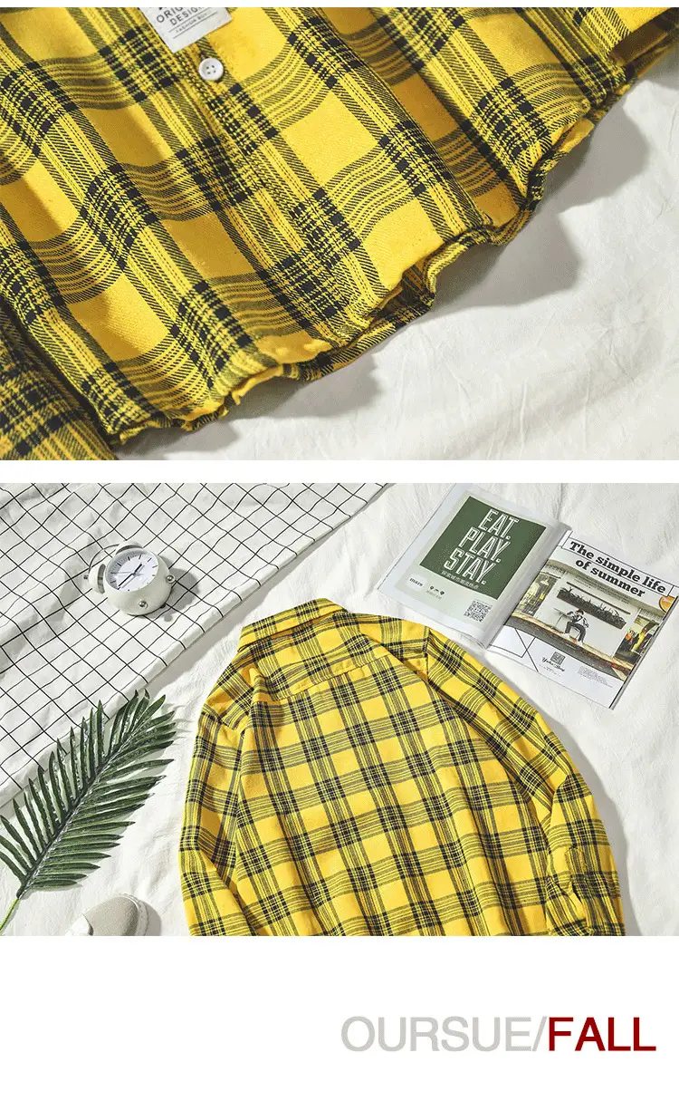 Men's Yellow Plaid Long Sleeve Shirt Korean Style — feature 7