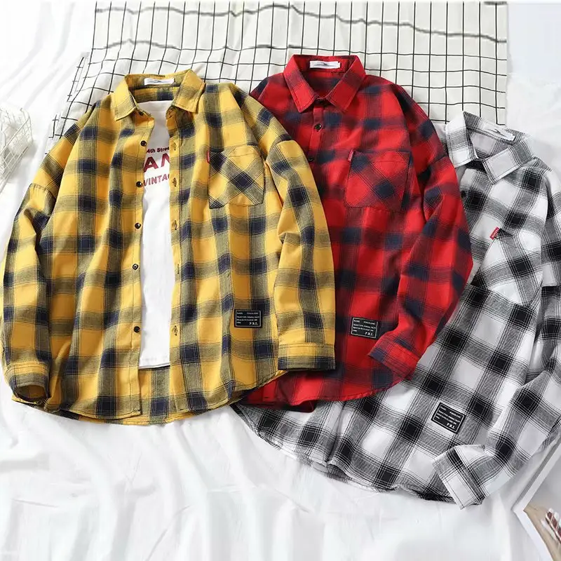 Men's Yellow Plaid Long Sleeve Shirt Korean Style