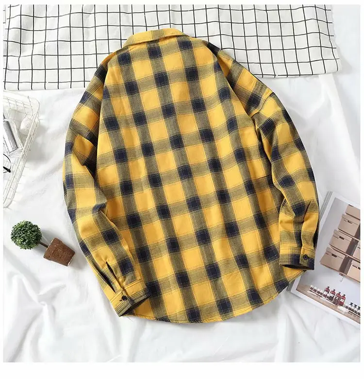 Men's Yellow Plaid Long Sleeve Shirt Korean Style — feature 11