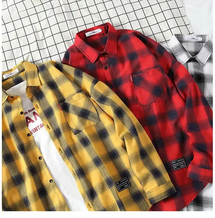 Men's Yellow Plaid Long Sleeve Shirt Korean Style — feature 12