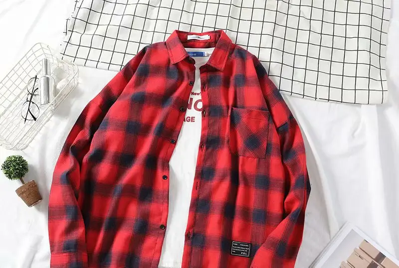 Men's Yellow Plaid Long Sleeve Shirt Korean Style — feature 19
