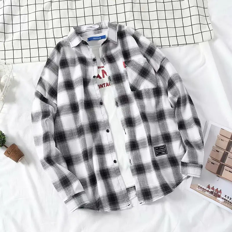 Men's Yellow Plaid Long Sleeve Shirt Korean Style — feature 30