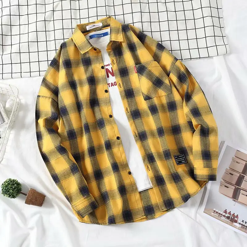 Men's Yellow Plaid Long Sleeve Shirt Korean Style — feature 38