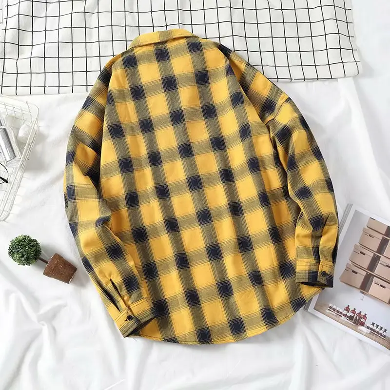 Men's Yellow Plaid Long Sleeve Shirt Korean Style — feature 43