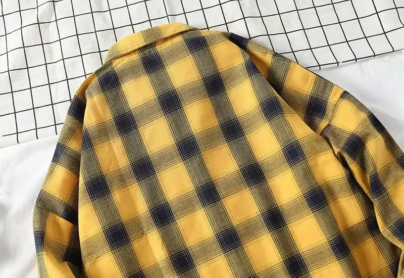 Men's Yellow Plaid Long Sleeve Shirt Korean Style — feature 45
