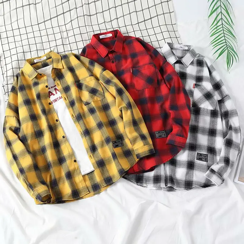 Men's Yellow Plaid Long Sleeve Shirt Korean Style — feature 47
