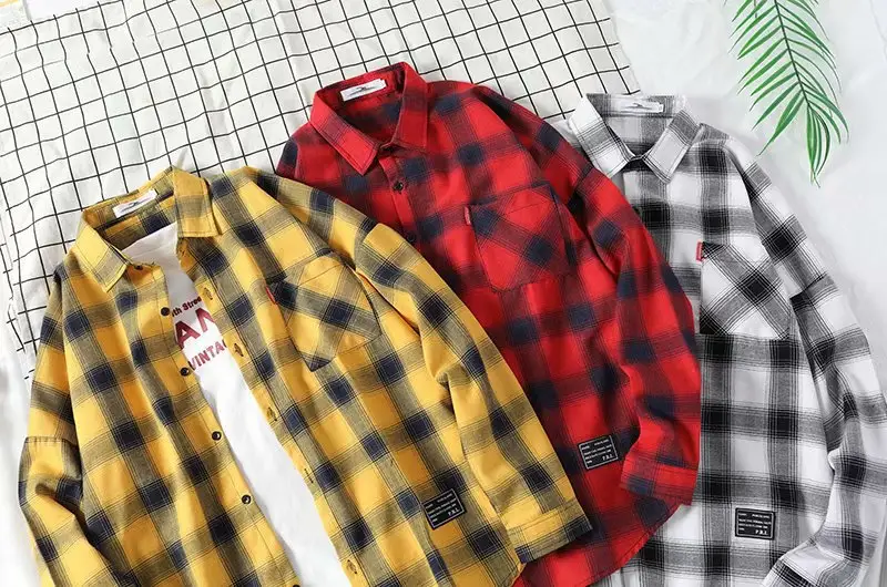 Men's Yellow Plaid Long Sleeve Shirt Korean Style — feature 48