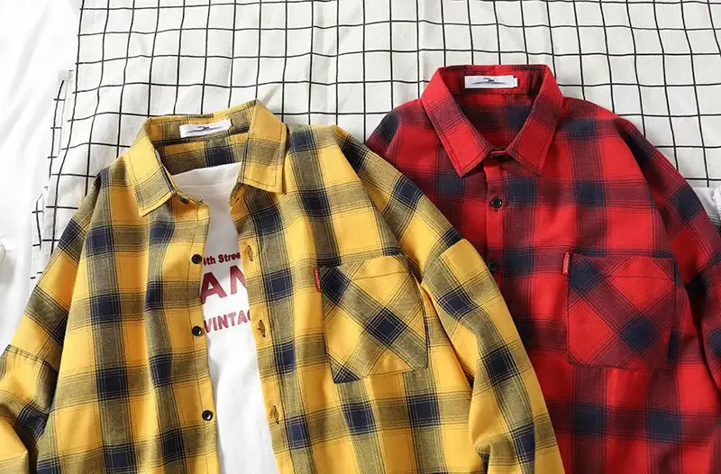 Men's Yellow Plaid Long Sleeve Shirt Korean Style — feature 51